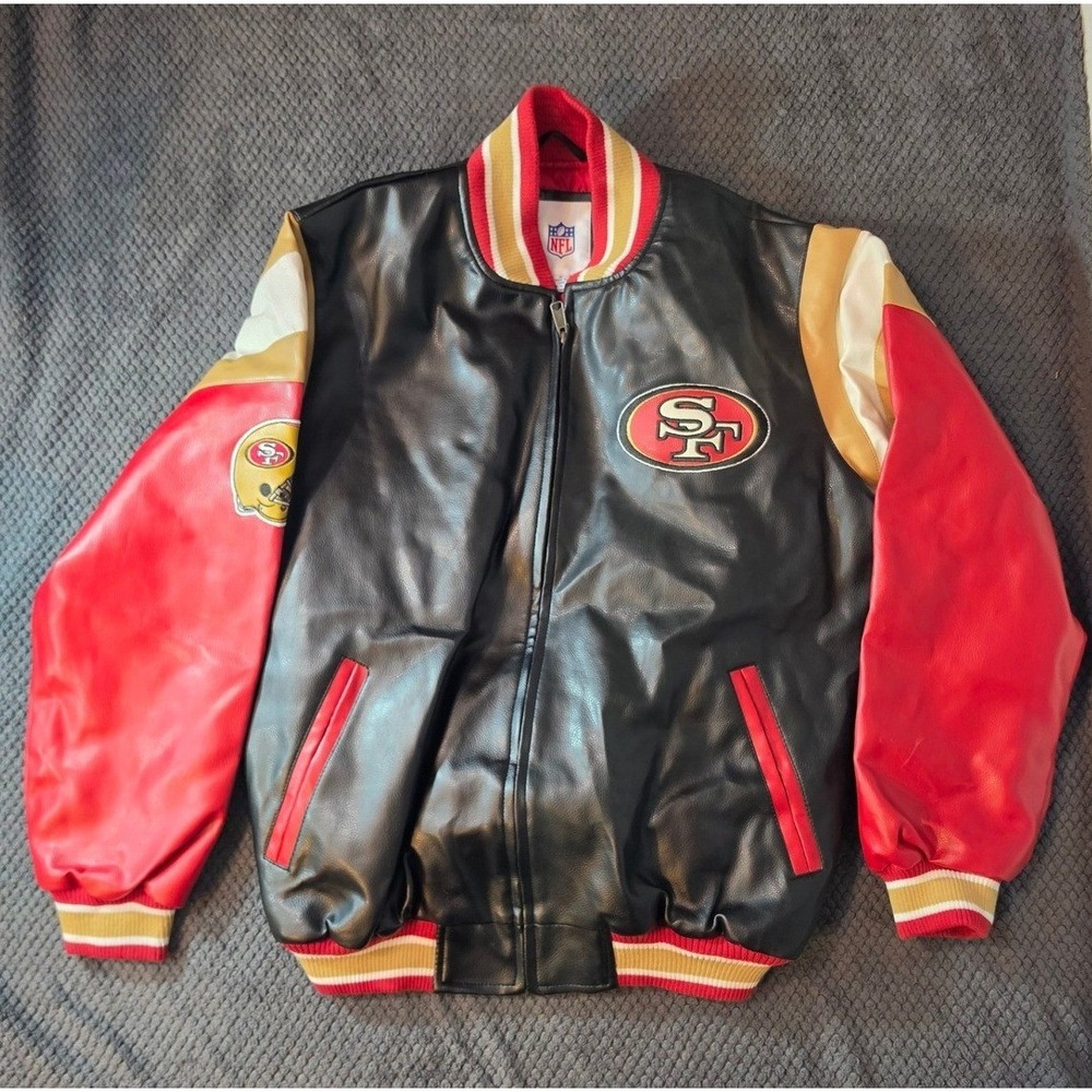 NFL San Francisco 49ers Faux Leather Varsity Jacket Mens Medium Black Red Gold